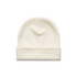A cream-coloured cuff beanie featuring a folded brim and a simple design. It has a logo.
