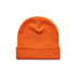 An orange cuff beanie with a smooth texture and a folded hem, featuring a branding logo.