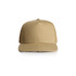 A beige trucker cap featuring a solid front and mesh back. It includes a logo on the front.