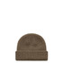 A brown knit beanie featuring a textured pattern and a rolled cuff. It includes a logo on the side.