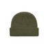 A green knitted beanie with a folded cuff and a textured pattern, featuring a logo on the side.