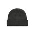 A textured black beanie with a folded cuff, featuring a logo. Ideal for headwear collection.