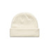 A cream beanie with a ribbed texture and a folded cuff, featuring a logo on the side.