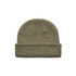 An olive green knitted beanie with a folded cuff and a textured design, featuring a small logo.