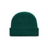 A green knitted beanie with a folded cuff and textured detailing. It features a small logo.