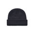 A black Cable Beanie made of textured fabric, featuring a foldable cuff and a logo.
