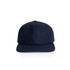 A navy wool cap featuring a curved brim and a branding logo on the front.