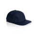 A navy wool cap featuring a curved brim and an adjustable strap at the back. It has a logo on the side.