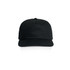 A black five-panel cap with a structured design and a front logo.