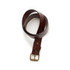 A brown leather belt with a brass buckle, lying flat and coiled loosely. It features a logo near the buckle.