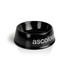 A black pet bowl featuring a simple design and a logo. Stylish and functional for pet feeding.