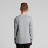 A grey long-sleeve youth T-shirt featuring a simple design and a logo on the back.