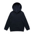A dark navy hoodie with a large hood and a front pocket, featuring a logo.