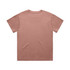 A plain, short-sleeved T-shirt in a muted terracotta colour, featuring a simple design and a branding logo.