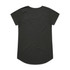A black t-shirt with short sleeves and a rounded hem, featuring minimal design and a branding logo.