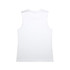 A white sleeveless tank top featuring a simple design and a branding logo.