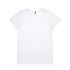 A white women's T-shirt with a round neckline and short sleeves. It features a small logo at the neck.