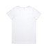 A white t-shirt with short sleeves and a plain back. Includes a branding logo.