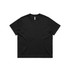 A black boxy tee featuring a classic crew neckline and short sleeves. The garment has no visible designs or patterns.