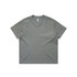 A grey boxy tee with a round neckline and short sleeves. The product has a branding logo.