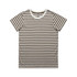 A striped t-shirt in brown and white, featuring a round neckline and short sleeves. It has a branding label on the neck.