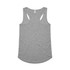 A grey racerback singlet with a rounded hem and a logo on the label.