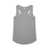 A grey racerback singlet featuring a curved hem and a label tag. The item includes a logo on the back.
