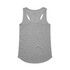 A grey racerback singlet with a curved hem and a logo on the back.
