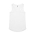 A white racerback singlet featuring a smooth fabric and a rounded hem, with a logo at the neckline.