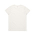 A plain white T-shirt featuring a round neck and short sleeves, with a logo on the back.