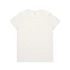 A plain white T-shirt featuring a round neck and short sleeves, with a logo on the back.