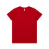 A red T-shirt with a simple design, featuring a logo on the label.