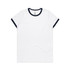 A white T-shirt with navy blue ringer trim and a logo on the label.