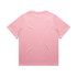 A plain pink T-shirt with a round neck and short sleeves. It features a logo on the back.