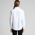 A white button-up shirt with a back pleat, featuring long sleeves and a classic collar.