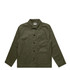 An olive green chore jacket featuring a collar, front buttons, and multiple pockets. It has a logo on the label.