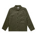 An olive green chore jacket featuring a collared neckline, front pockets, and a button closure. It has a logo.