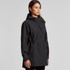 A black soft shell jacket with a hood, featuring side pockets and a cinched waist for a fitted look.