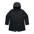 A black soft shell jacket with a hood and front pockets, featuring a simple design and a branding logo.