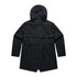 A black soft shell jacket with a hood and a back ventilation panel, featuring long sleeves and a simple design.