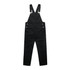 Black canvas overalls with adjustable straps and gold-tone buttons. Features multiple pockets for utility.
