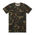 A camouflage patterned T-shirt in shades of green and brown. The shirt features a crew neckline and has a logo.