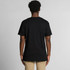 A black V-neck t-shirt viewed from the back, featuring a simple design and an unembellished rear.