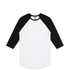 A Raglan Tee featuring a white body with black three-quarter sleeves and a round neckline. It has a brand logo.