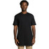 A black tall T-shirt with a relaxed fit, featuring short sleeves and a round neckline. It has a logo present.