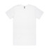 A white T-shirt with short sleeves and a round neckline, featuring a branding label.