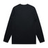 A black long-sleeve T-shirt featuring a smooth back design and fitted sleeves. It has a branding logo.
