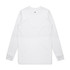 A white long-sleeve t-shirt with a simple design and a logo on the neckline.