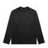 A black long-sleeve t-shirt with a round neckline and a label at the collar. It features a logo.