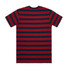A navy blue t-shirt with red horizontal stripes and a logo on the back.